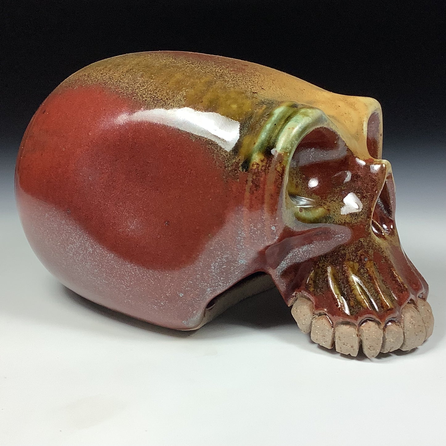 Handmade stoneware art abstract ceramic sculptures pottery decoration skull - Iron red with white ash wheel thrown enclosed form altered skull sculpture - item 3826