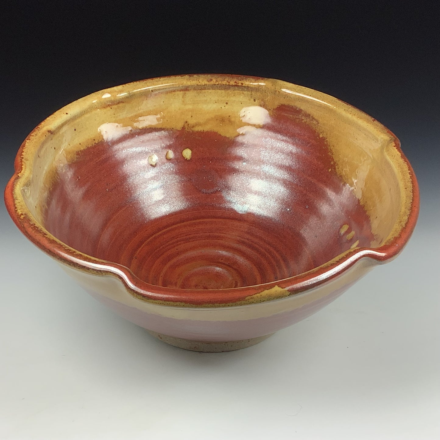 Handmade ceramic artisanal pottery bowls dinnerware stoneware serving bowls centerpiece - iron red with white ash scalloped rim serving bowl 3679