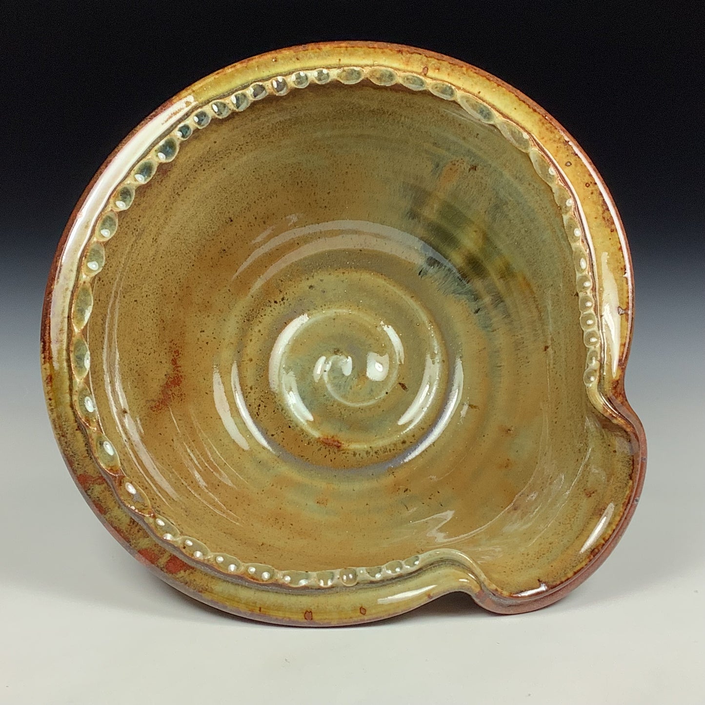 Handmade ceramic deep spoon rest stoneware pottery kitchenware - Iron red with white ash dotted rim item 3874