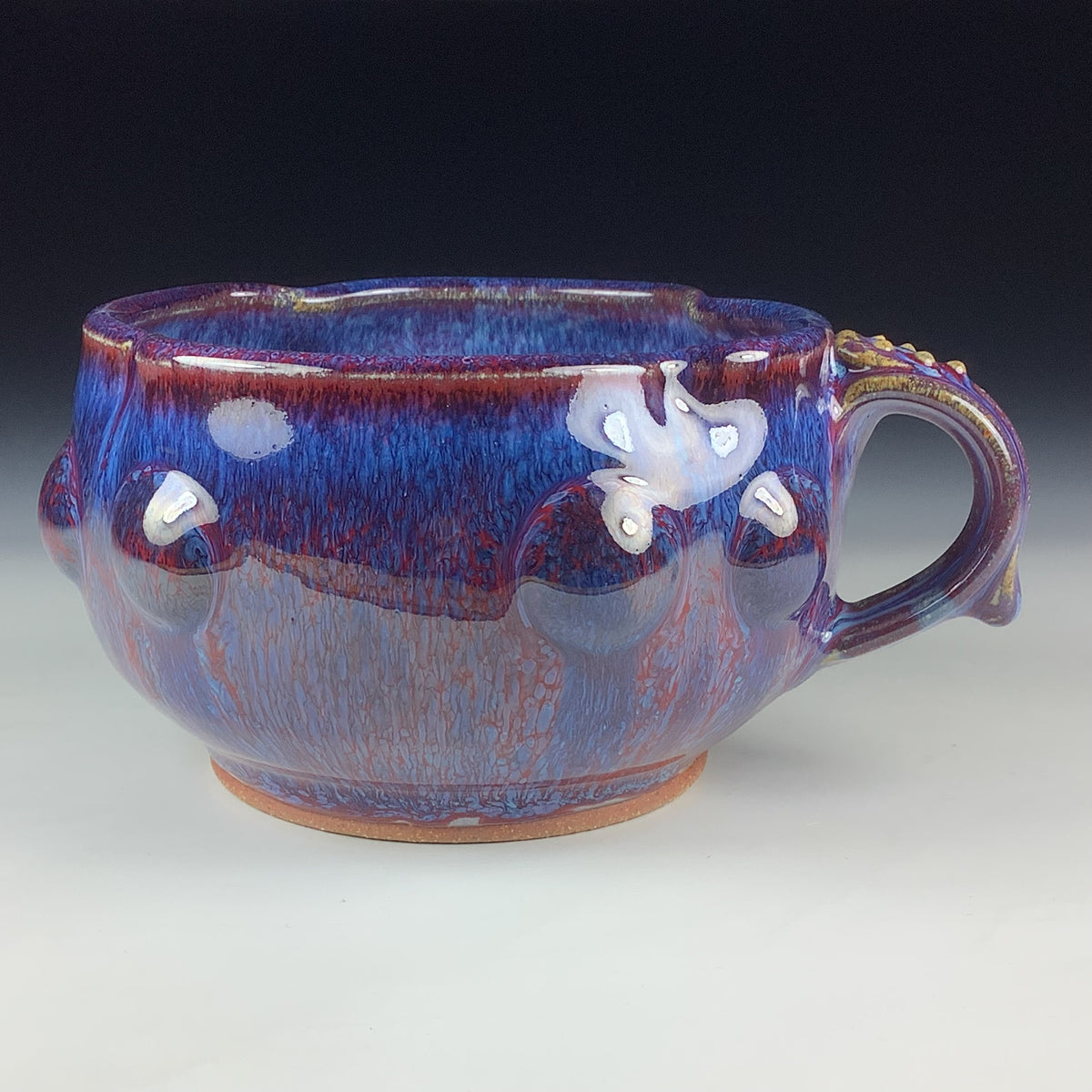 Handmade Ceramic Pottery Bowl with Handle, Red Purple Bump Glaze