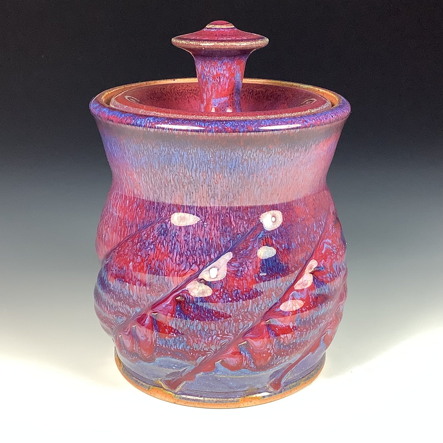 Handmade stoneware art ceramic pottery sugar jar - red purple twist item 3887