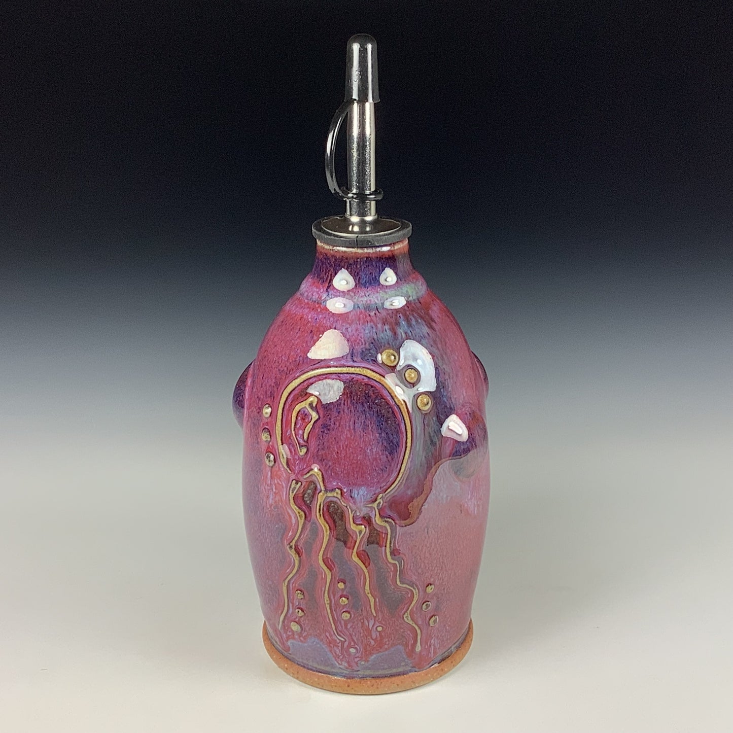 Ceramic olive oil dispenser oil bottle oil cruet handmade stoneware pottery dinnerware kitchenware - Purple red jellyfish slip dotted bump - item 3736
