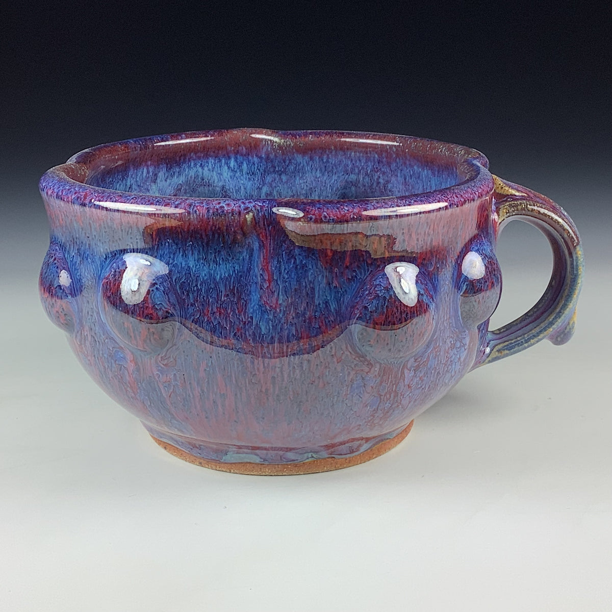 Handmade Ceramic Pottery Bowl with Handle, Red Purple Bump Glaze