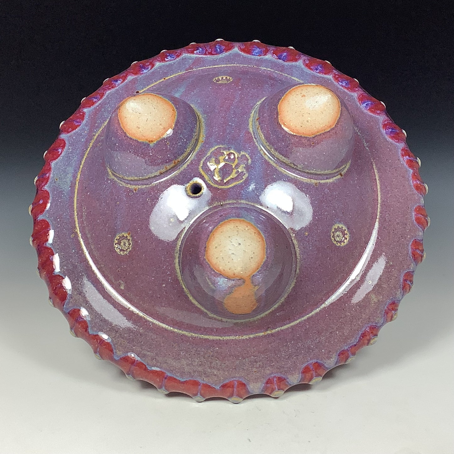 Handmade stoneware art abstract ceramic sculptures pottery decoration UFO - Red wheel thrown enclosed form altered sculpture - item 3822