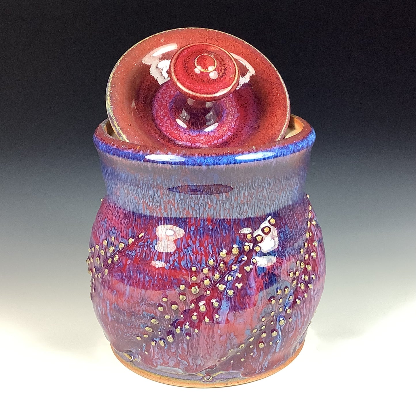 Handmade stoneware art ceramic pottery sugar jar - red purple dotted item 3889
