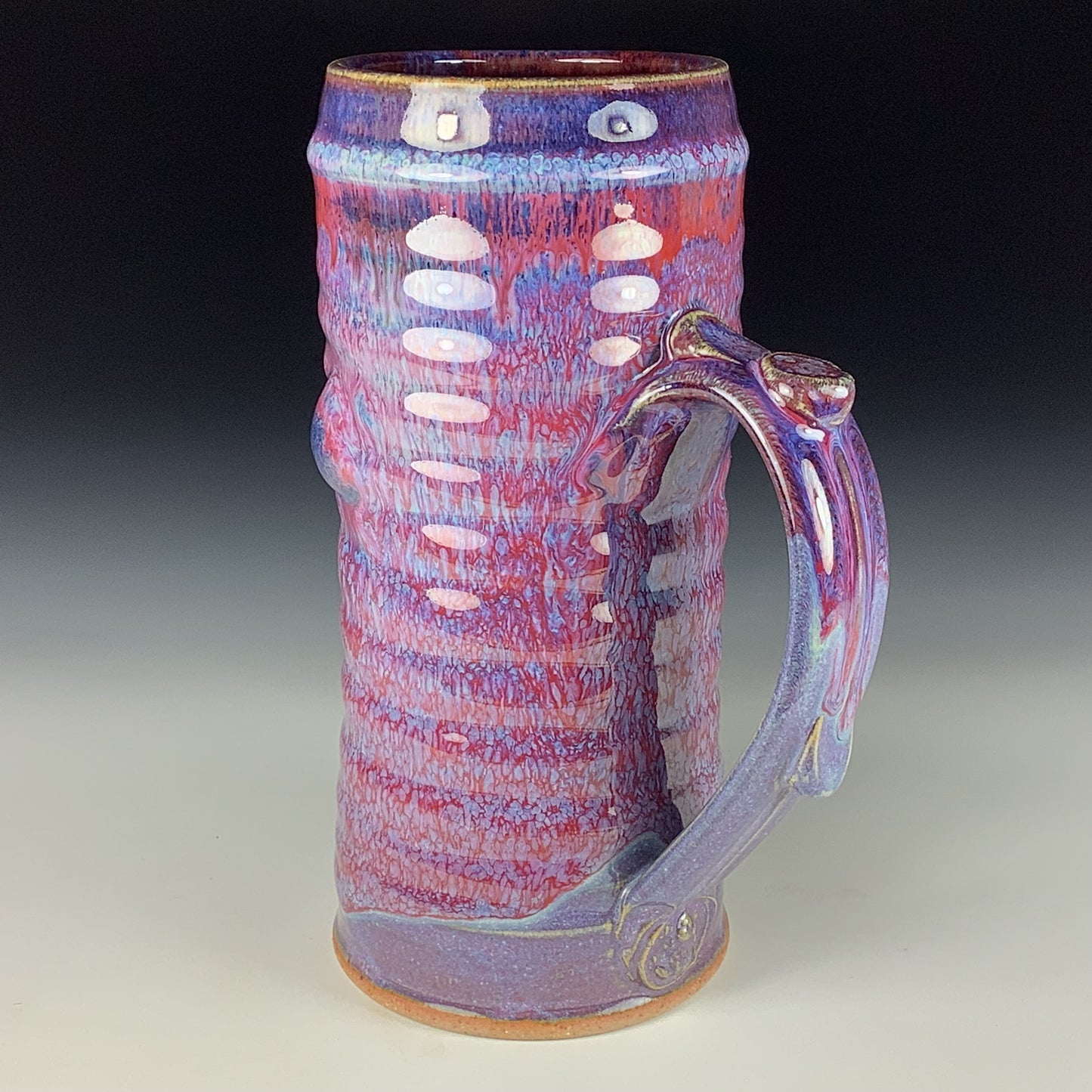 Large handmade pottery mugs rustic ceramic mugs extra large stoneware mugs oversized coffee mugs tea cup - Purple red wiggle slip-dotted bump - item 3712
