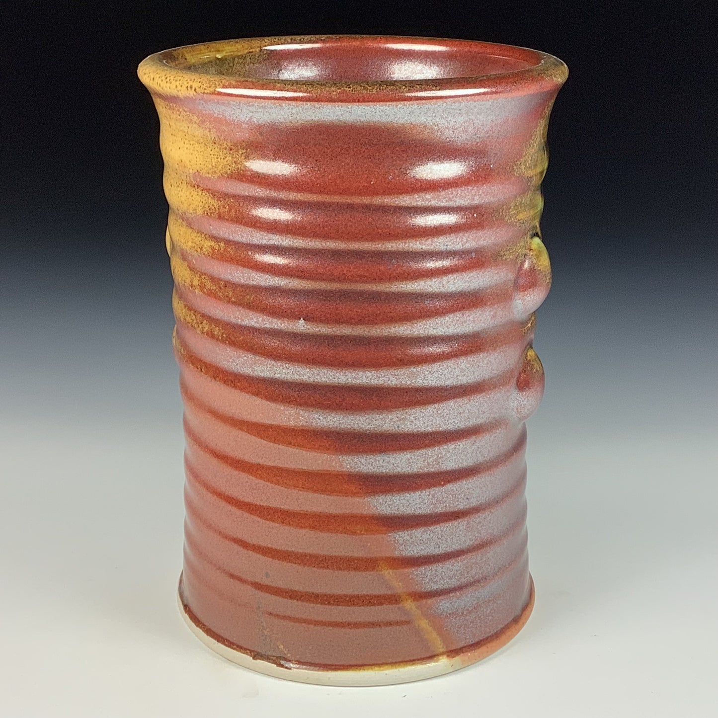 Handmade Stoneware Utensil Holder: Iron Red with White Ash Glaze Wiggle Bump Pottery Vase - item 3814
