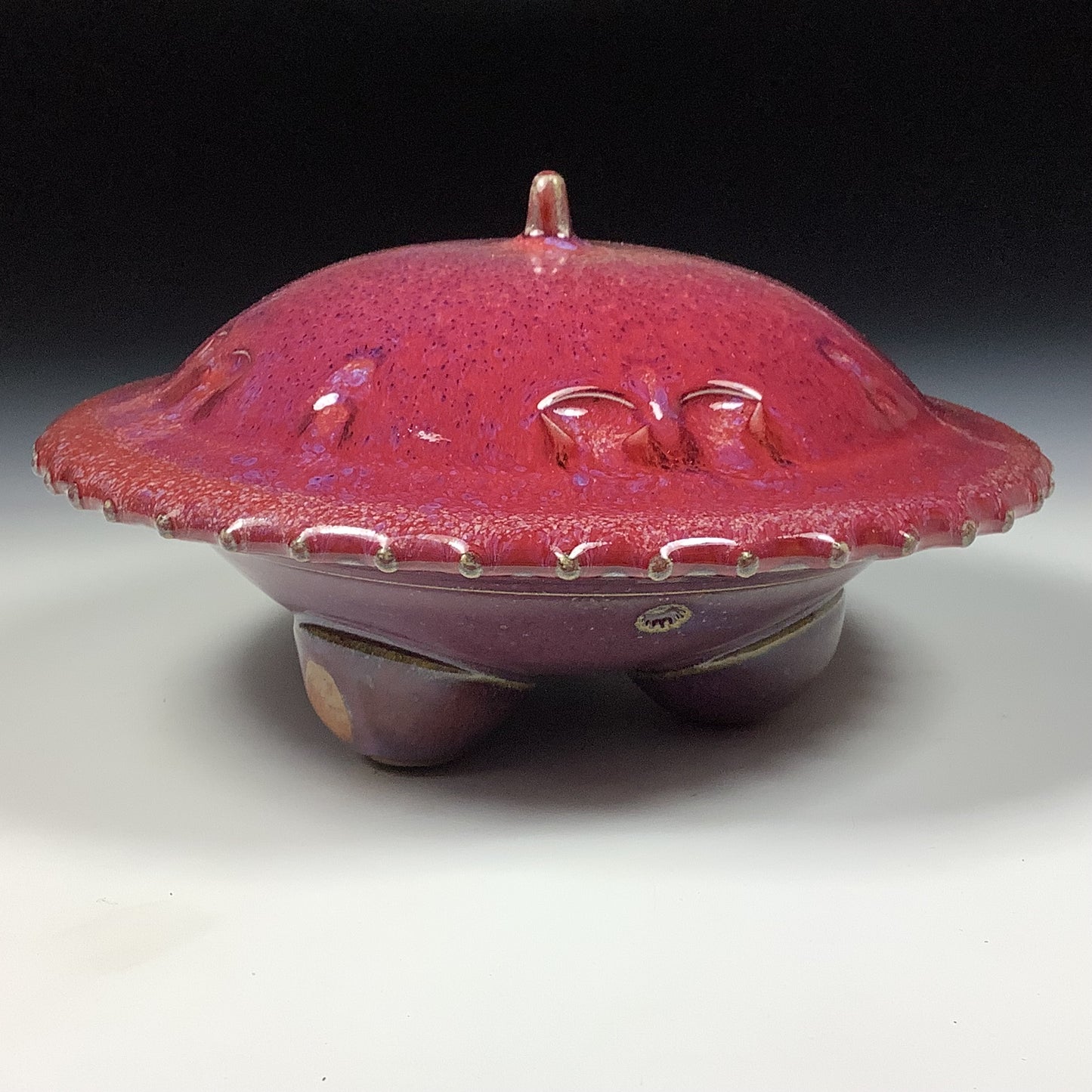 Handmade stoneware art abstract ceramic sculptures pottery decoration UFO - Red wheel thrown enclosed form altered sculpture - item 3821