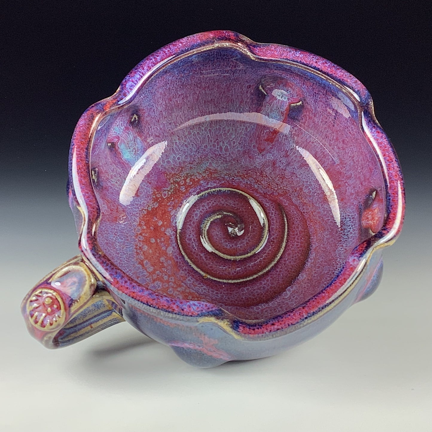 Handmade Ceramic Pottery Bowl with Handle, Red Purple Bump Glaze