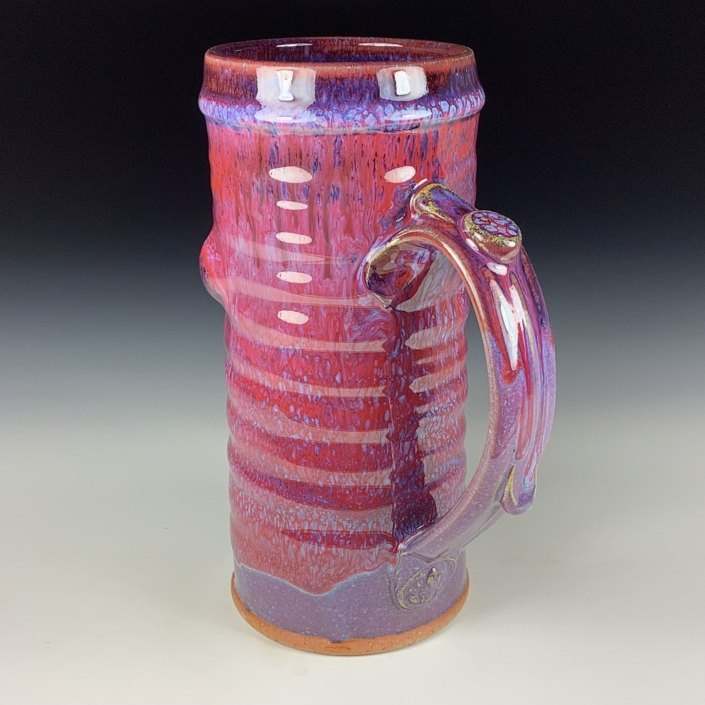 Large handmade pottery mugs rustic ceramic mugs extra large stoneware mugs oversized coffee mugs tea cup - Purple red wiggle slip-dotted bump - item 3721