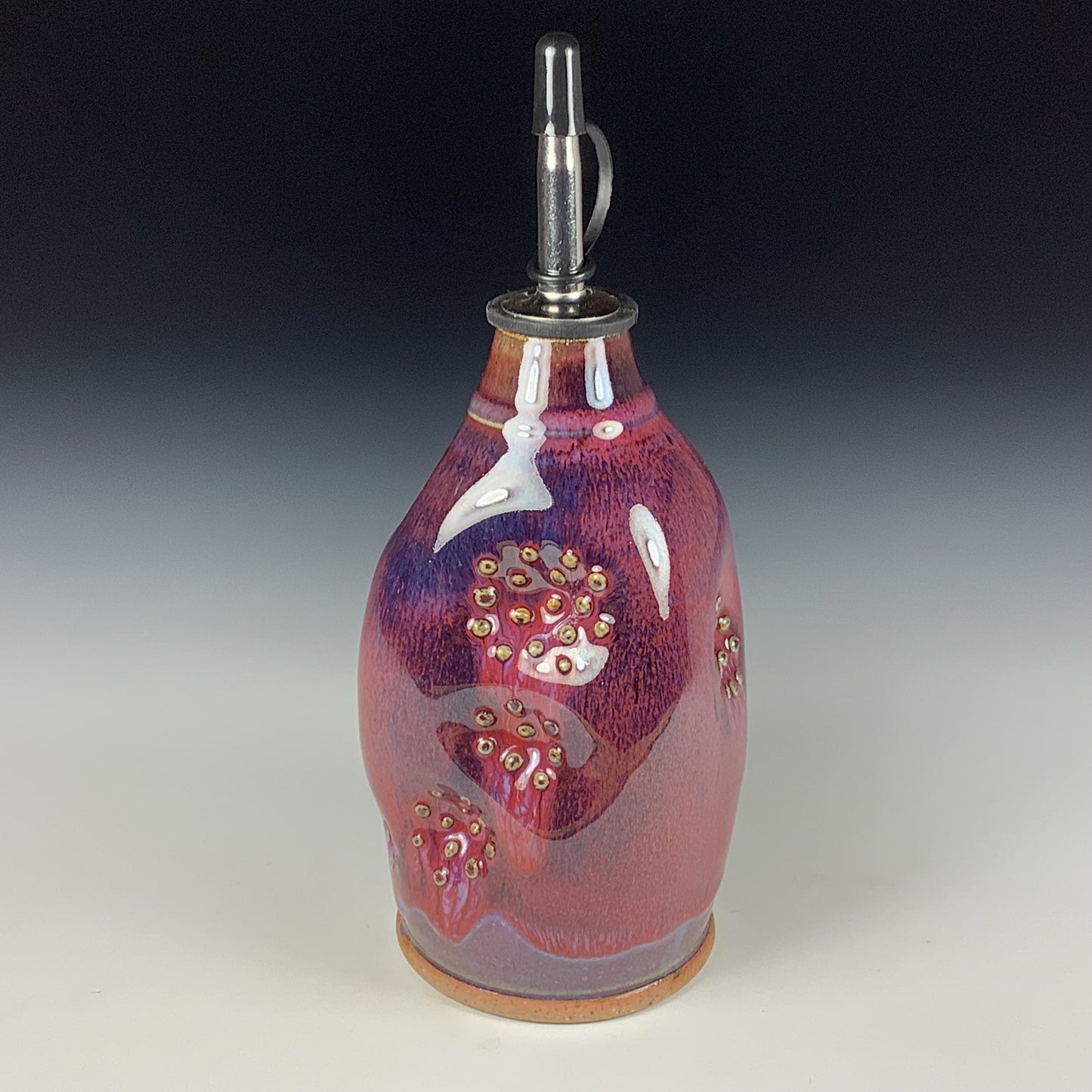 Ceramic olive oil dispenser oil bottle oil cruet handmade stoneware pottery dinnerware kitchenware - Purple red slip dotted indented - item 3751