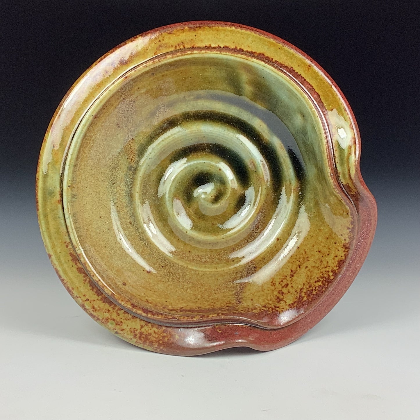 Handmade Ceramic Spoon Rest: Iron Red with White Ash Glaze, Spiral - item 3804
