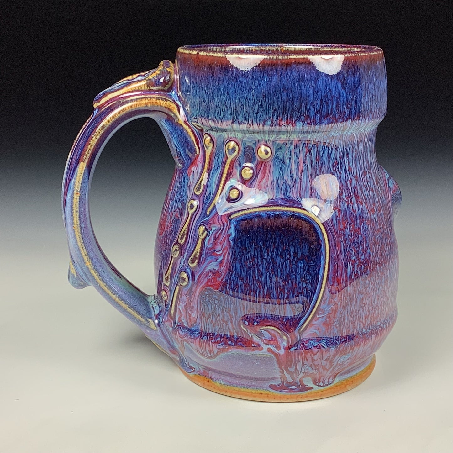 Handmade ceramic mugs stoneware coffee mug pottery tea mugs stoneware drinkware - purple red slip trail dot bamboo item 3850