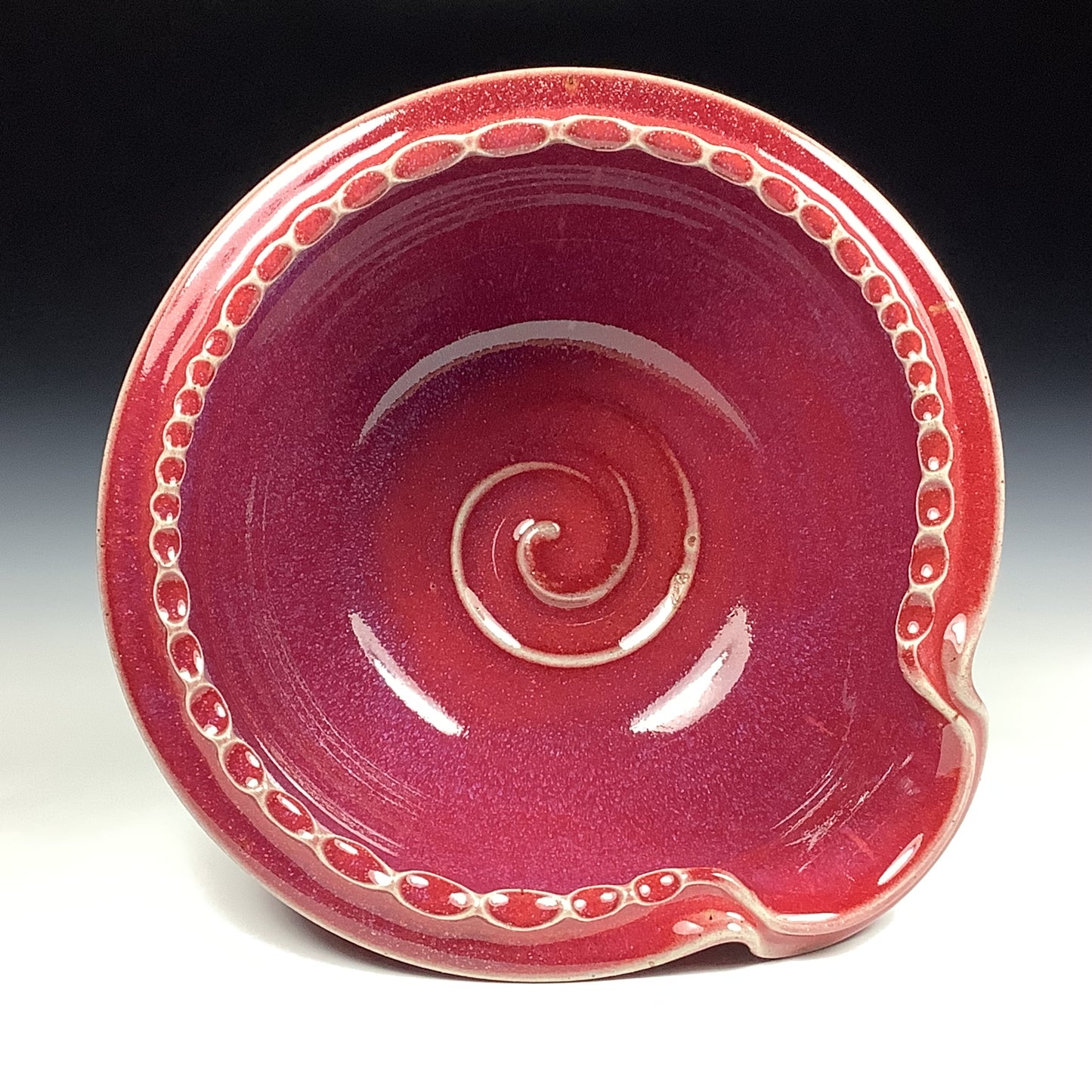 Handmade ceramic deep spoon rest stoneware pottery kitchenware - Deep red dotted rim item 3872
