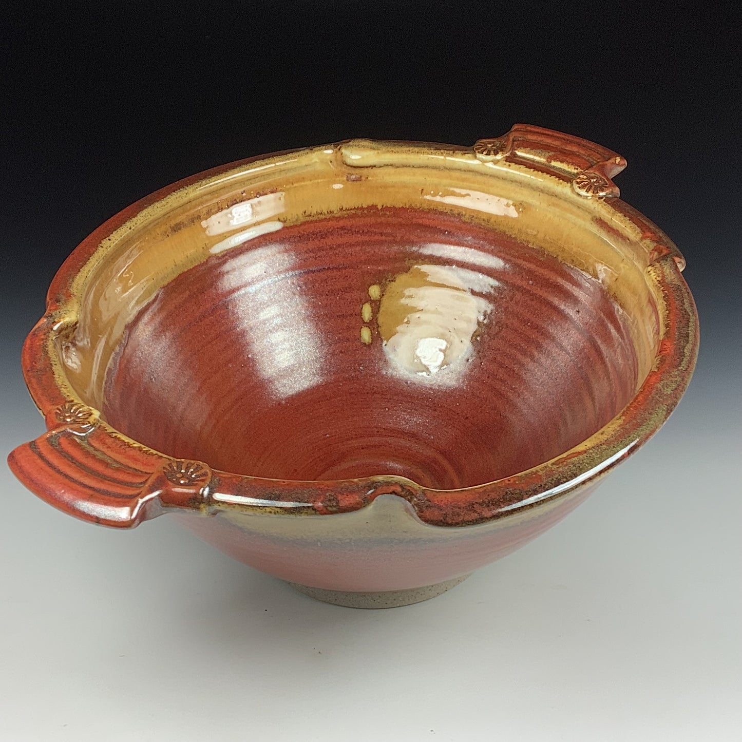 Handmade ceramic artisanal pottery bowls dinnerware stoneware serving bowls centerpiece - Large iron red with white ash twisted rim with handles 3682