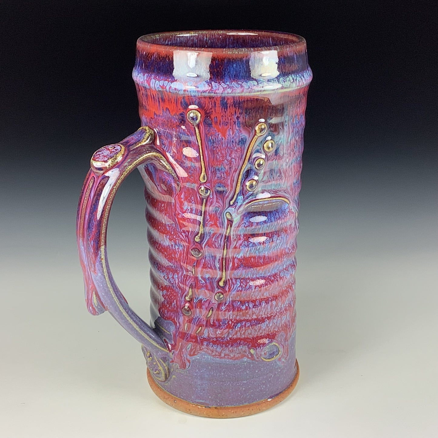 Large handmade pottery mugs rustic ceramic mugs extra large stoneware mugs oversized coffee mugs tea cup - Purple red wiggle bamboo slip trail bump - item 3715