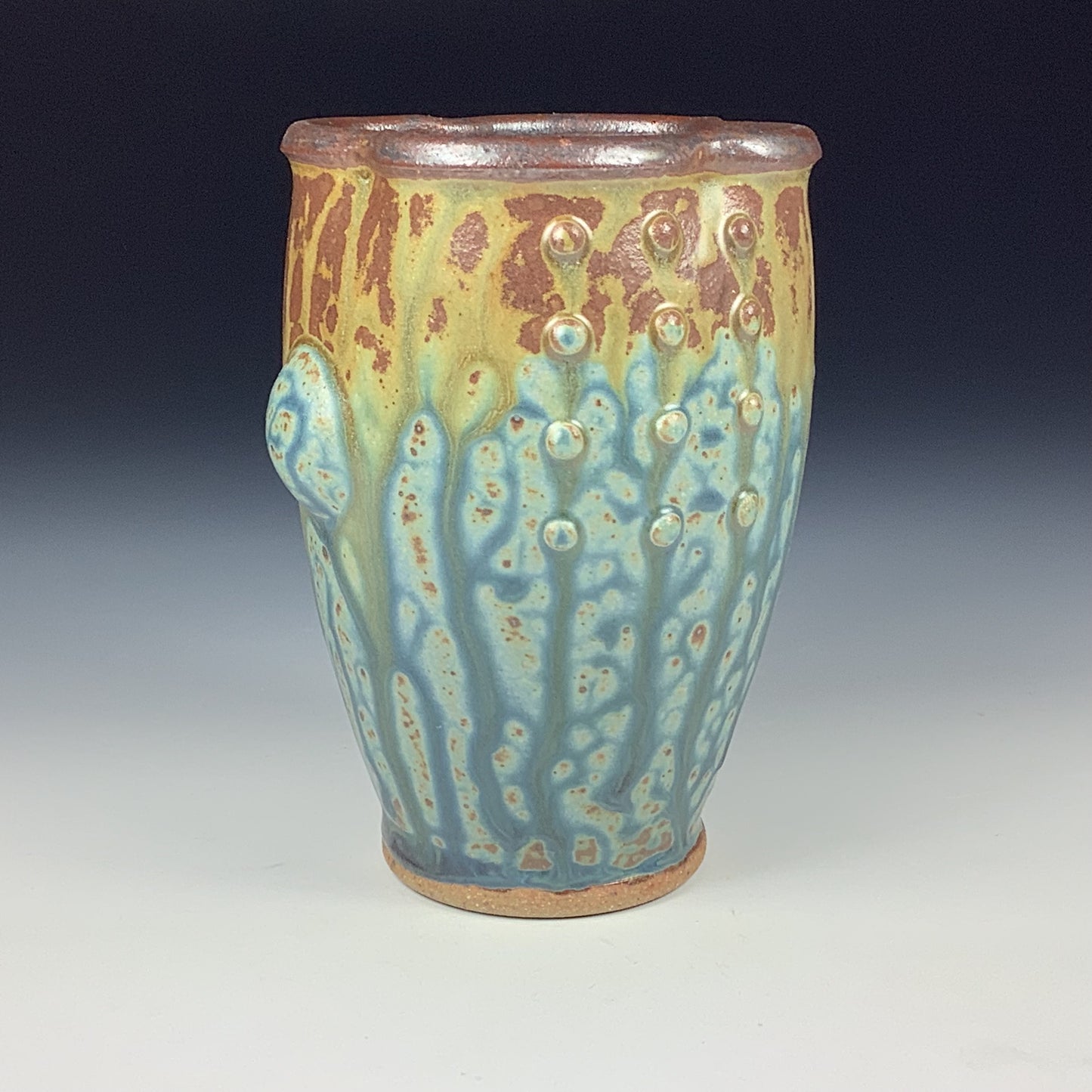 Handmade Stoneware Small Pottery Cup - Blue Brown Ash Slip Dotted Bump - item 3356