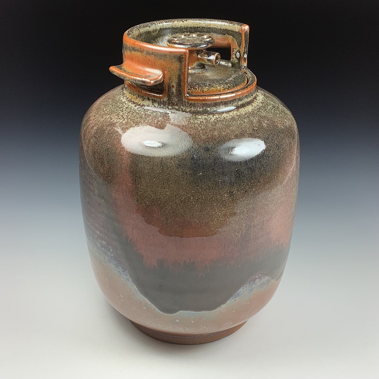 Handmade stoneware art abstract ceramic sculptures pottery decoration propane tank coin jar - Large orange shino - item 3582