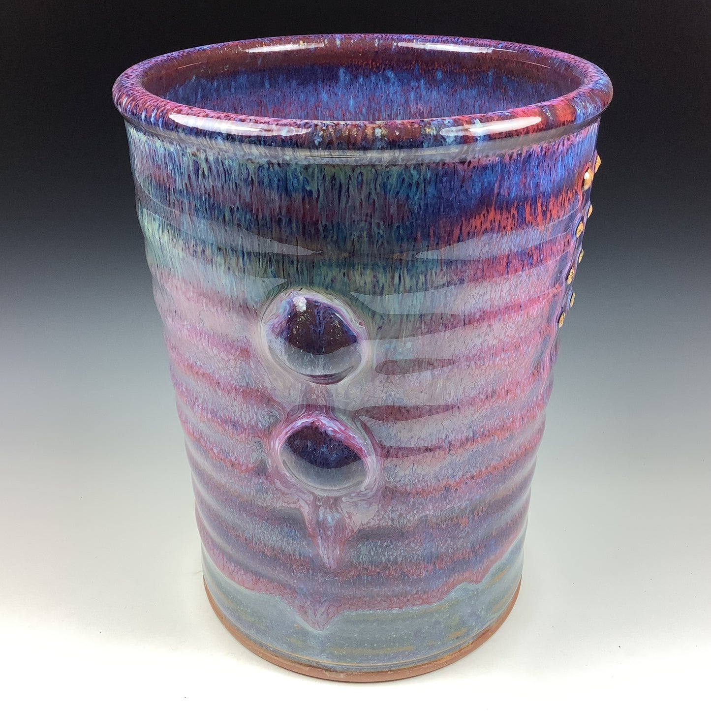 Handmade Stoneware Utensil Holder: Purple Glaze Slip-Dotted Bump Pottery Vase - item 3568