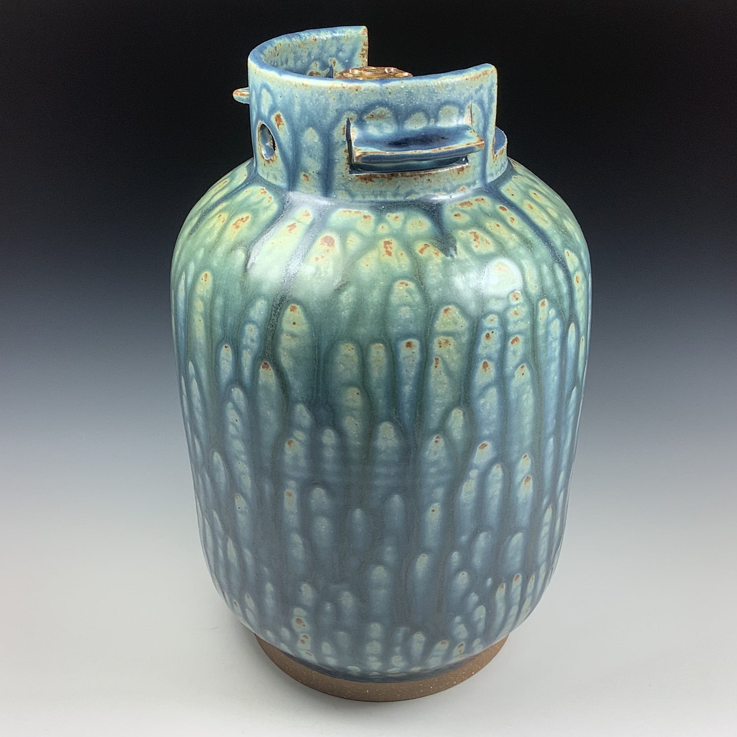 Handmade stoneware art abstract ceramic sculptures pottery decoration propane tank coin jar - Large ash blue green - item 581