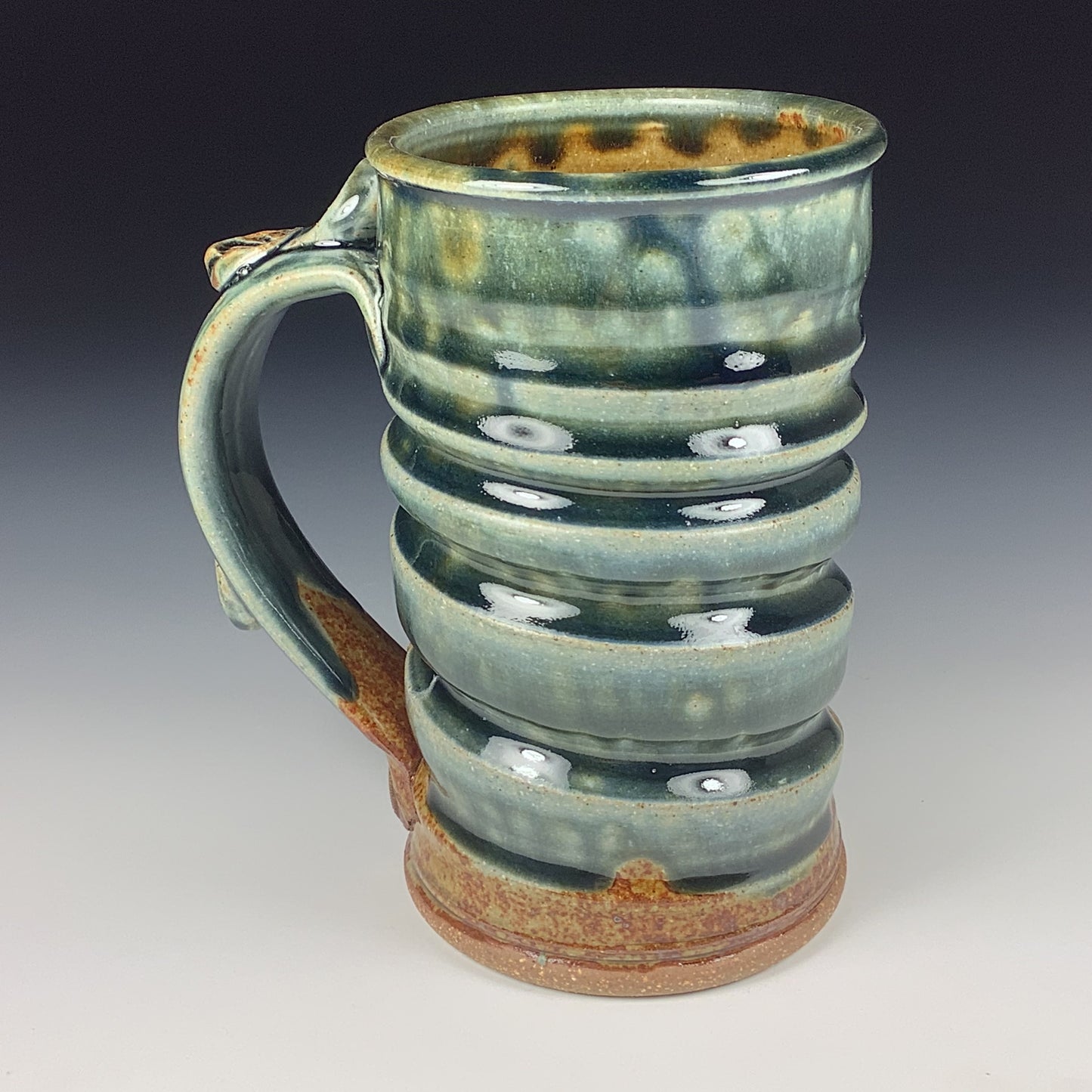 Handmade ceramic mugs stoneware coffee mugs pottery tea mugs cup stoneware drinkware - Green and amber wiggle - item 1796