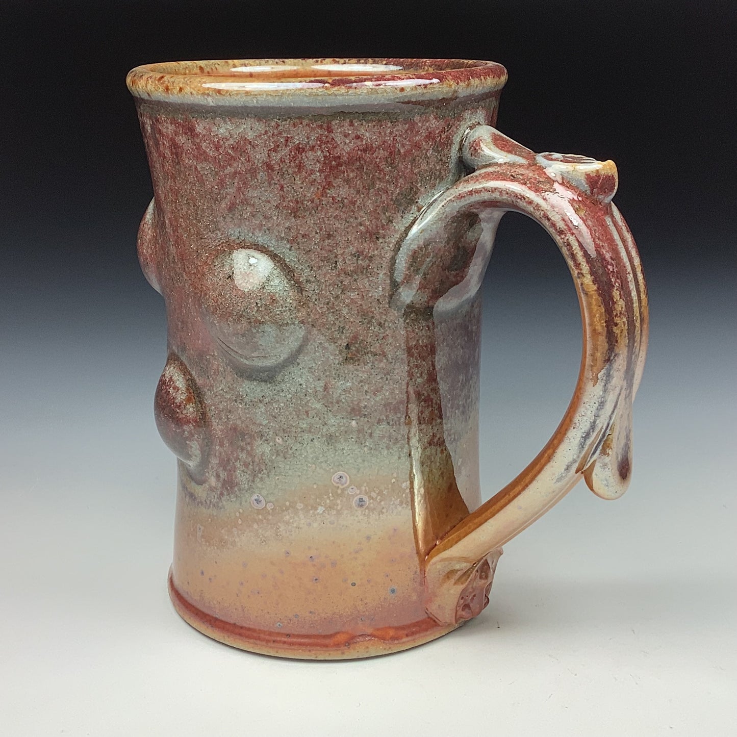 Handmade ceramic mugs stoneware coffee mugs pottery tea mugs stoneware drinkware - Orange shino slip-dotted bump - item 3488