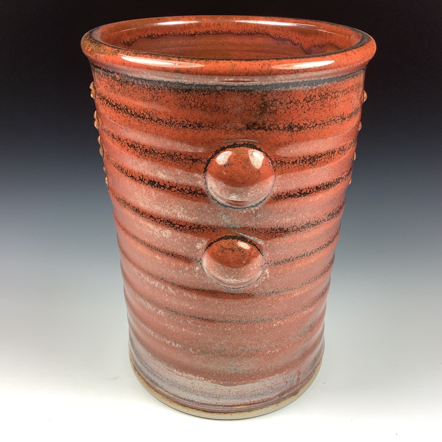 Handmade Stoneware Utensil Holder: Iron Red Glaze Slip-Dotted Bump Pottery Vase - item 3562