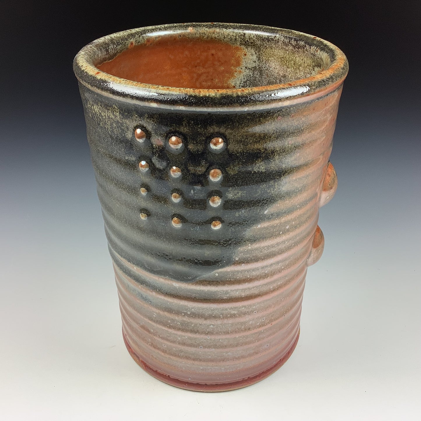 Handmade Stoneware Utensil Holder: Orange Glaze Slip-Dotted Bump Pottery Vase - item 3569