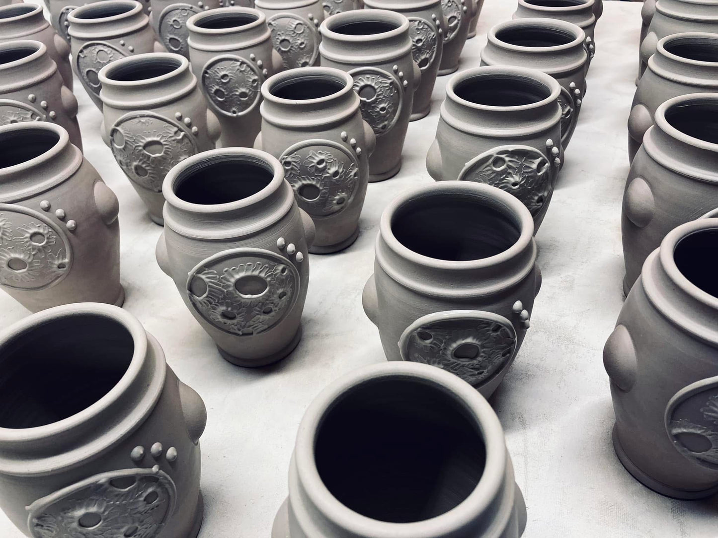 Handmade Stoneware Small Pottery Cup - Blue Brown Ash Slip Dotted Bump - item 3353