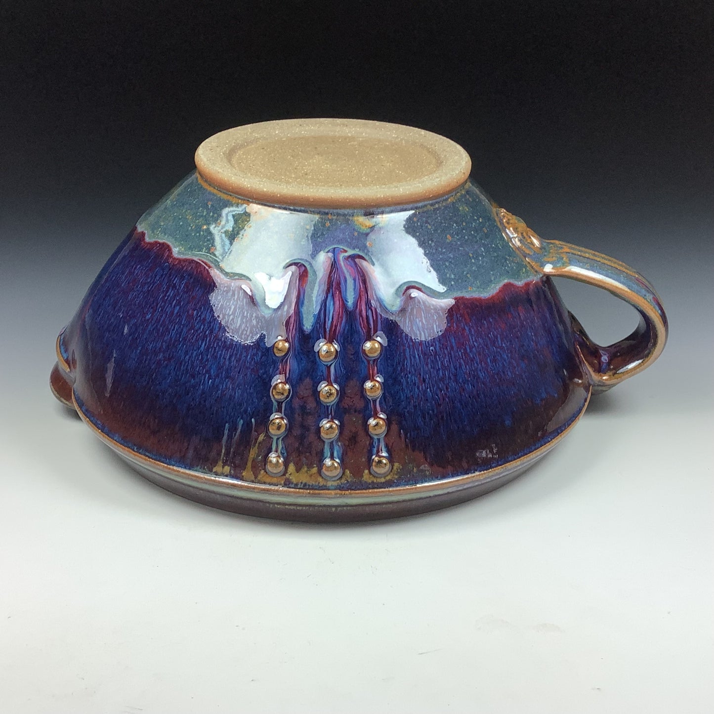 Handmade ceramic stoneware batter bowl -Purple blue red slip-dotted - item 3546