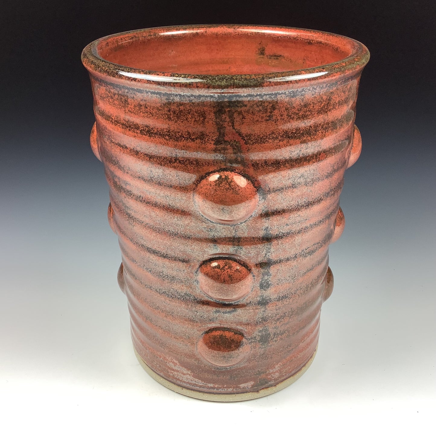 Handmade Stoneware Utensil Holder: Iron Red Glaze Bump Pottery Vase - item 3566
