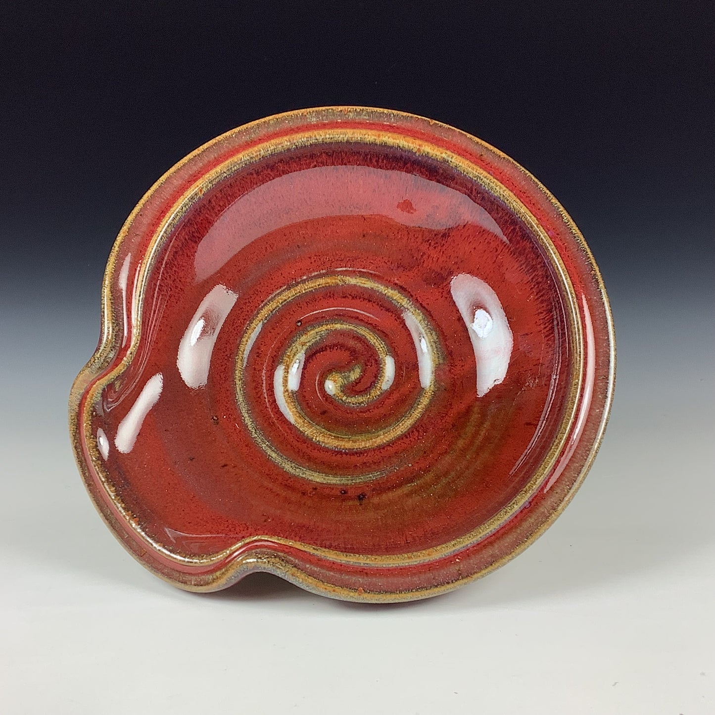 Handmade Ceramic Spoon Rest: Red Glaze, Spiral