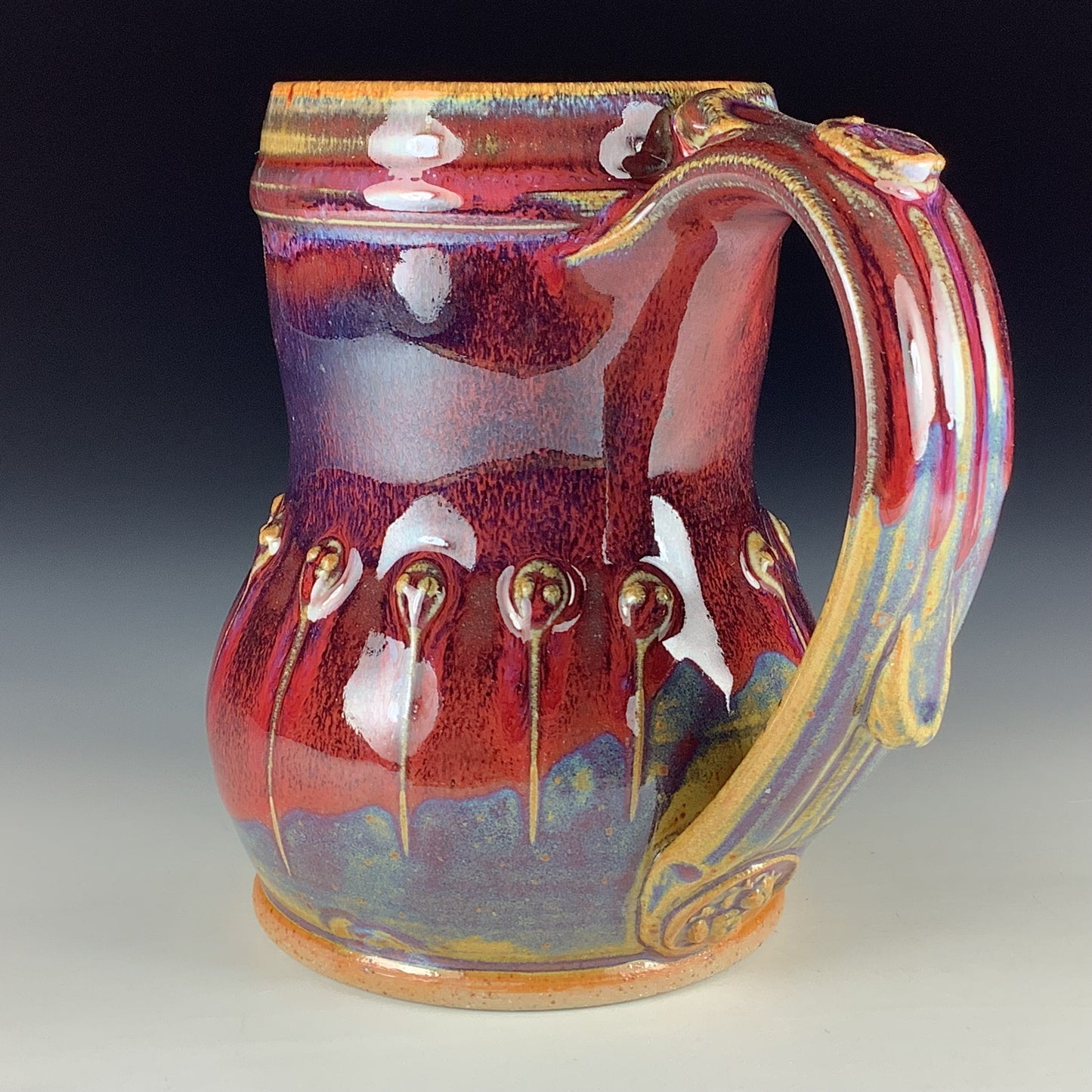 Handmade Stoneware Coffee Mug: Red Purple Glaze, Slip-Dotted