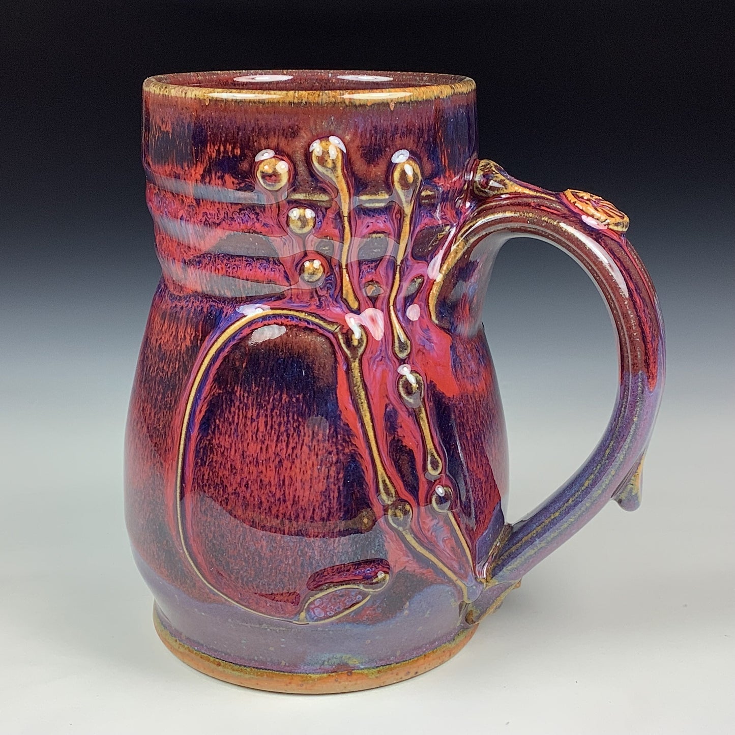 Handmade Stoneware Coffee Mug: Red Purple Glaze, Slip-Dotted Bamboo - Mug 3978