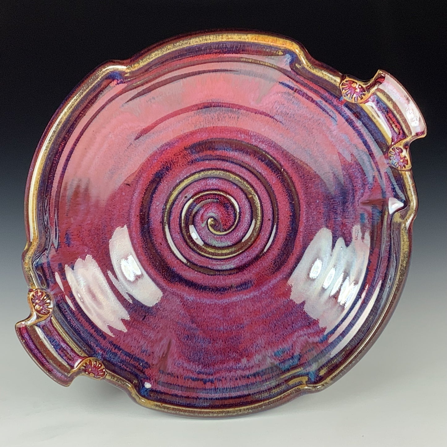 Handmade Stoneware Pottery Red Purple Glazed Serving Dish with Handles - Item 4078