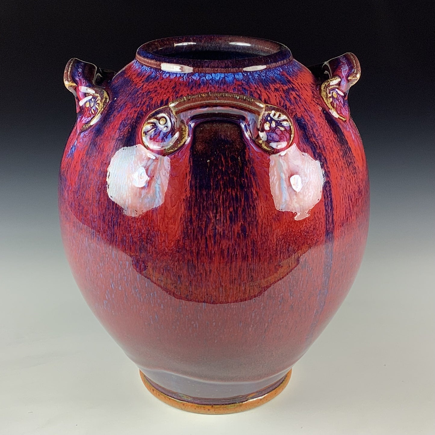Handmade Stoneware Pottery Slip Trail Bamboo Purple Red Glaze Vase - Item 4092