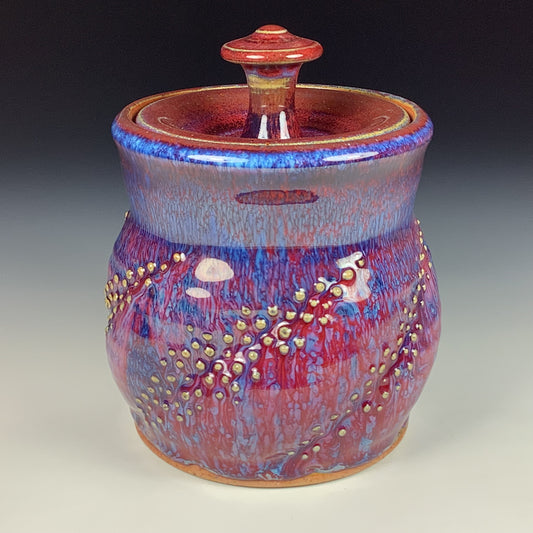 Handmade stoneware art ceramic pottery sugar jar - red purple dotted item 3889
