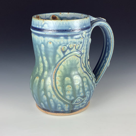 Handmade Stoneware Coffee Mug: Ash Blue Glaze, Slip-Dotted Bamboo