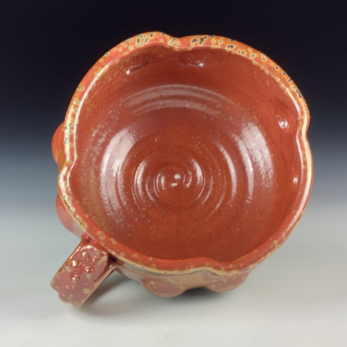 Handmade Ceramic Pottery Bowl with Handle, Orange Shino Bump Glaze