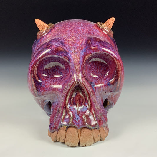 Handmade stoneware art abstract ceramic sculptures pottery decoration skull - Red wheel thrown enclosed form altered skull sculpture - item 3879