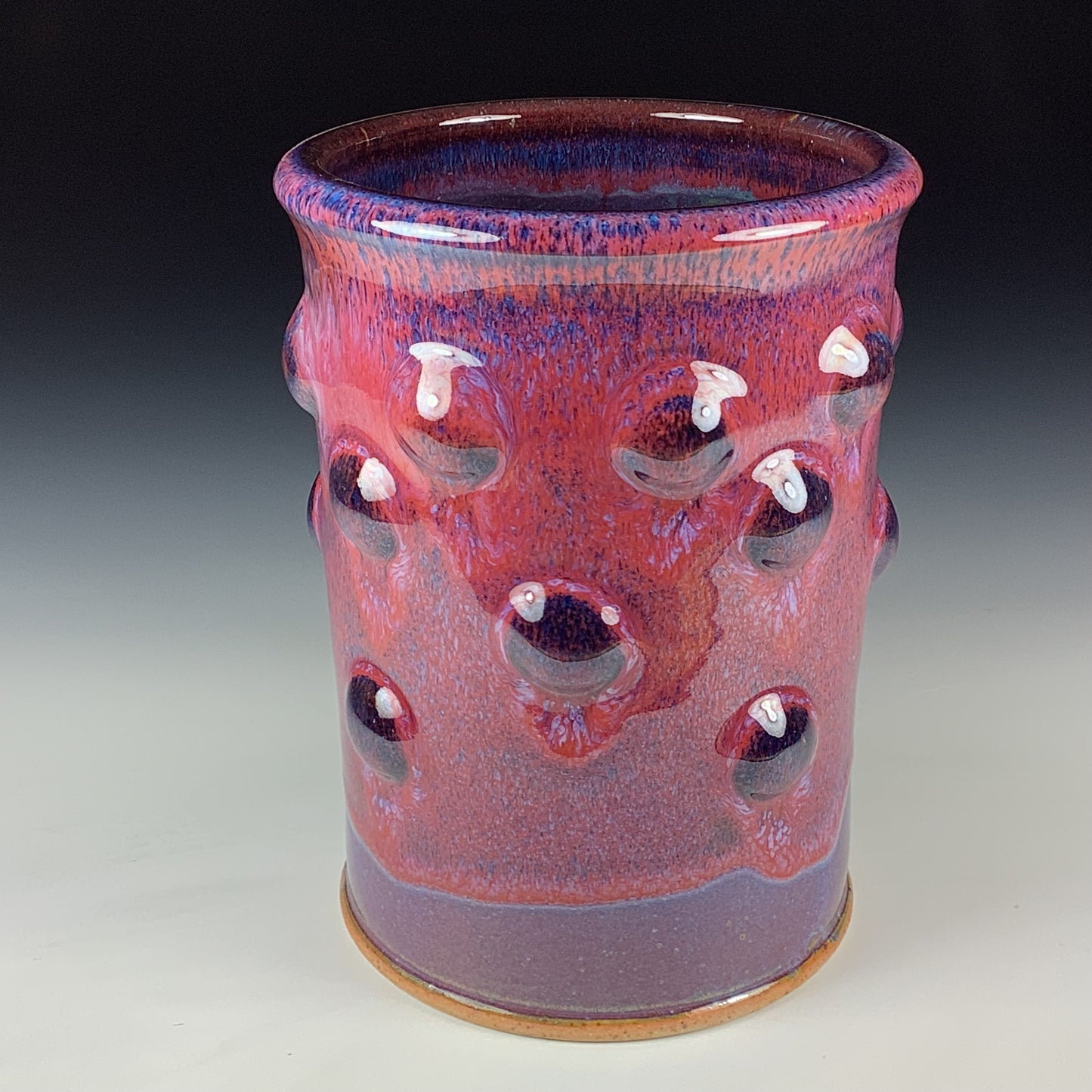 Handmade Stoneware Utensil Holder: Purple Red Glaze Bump Pottery Vase - Item 4099