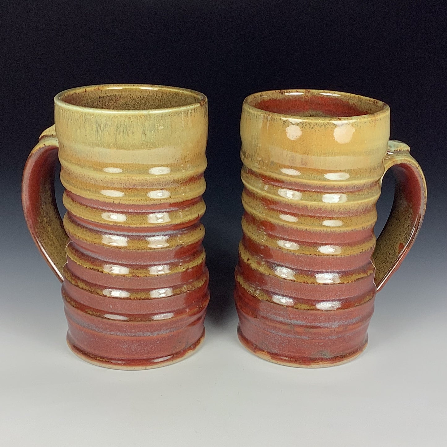 Handmade Wiggle Pottery Coffee Mugs, Iron Red & White Ash Glaze, Set of Two - Item 3939