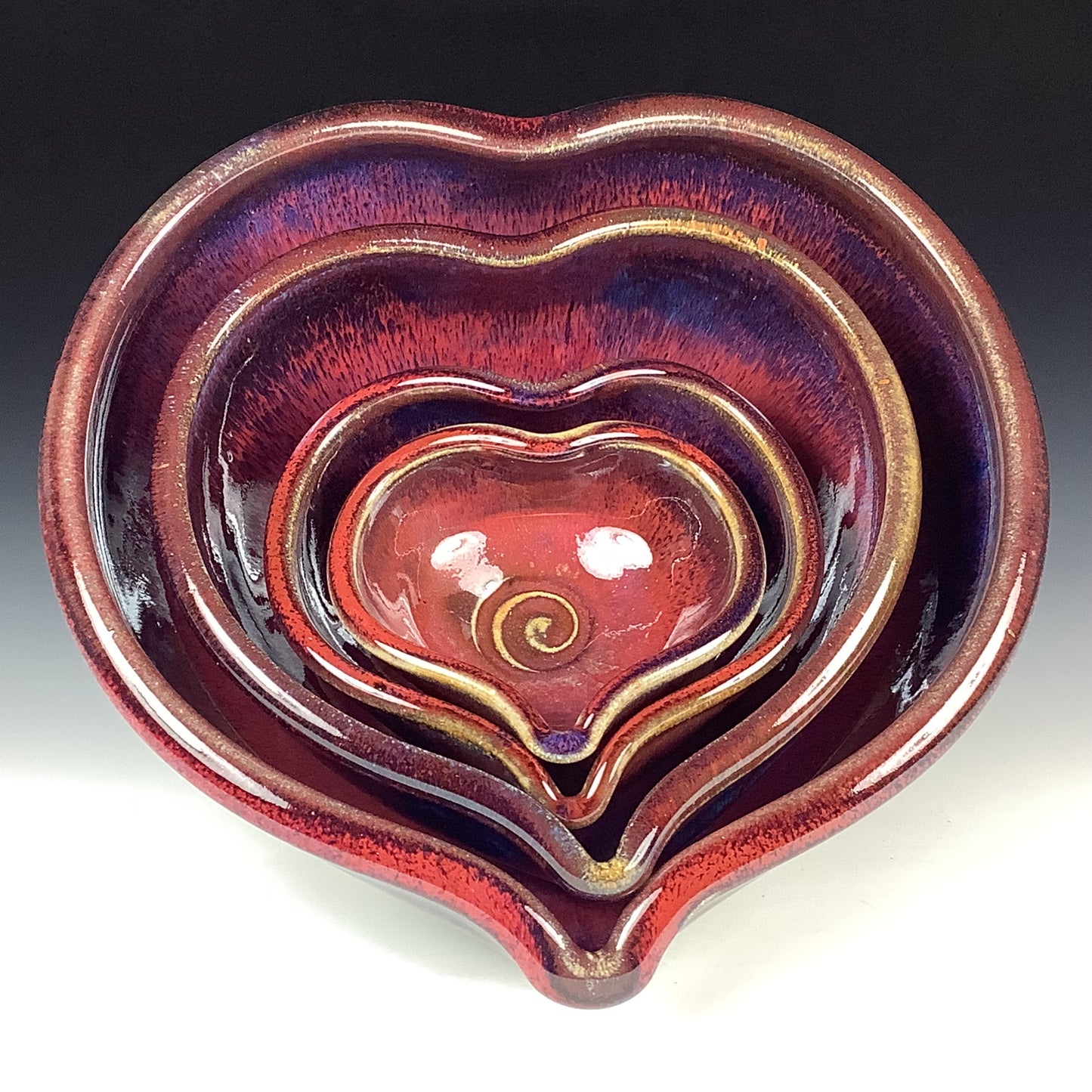 Handmade Ceramic Heart-Shaped Nesting Bowl Set of 4, Red Purple Glaze - Item 4015