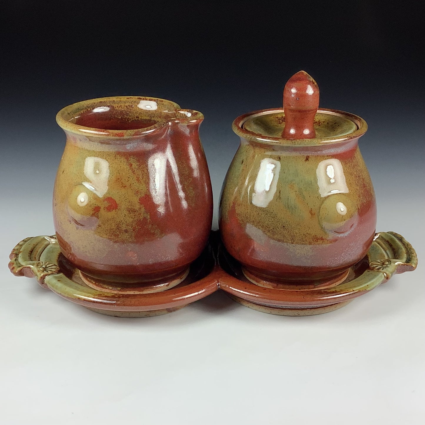 Handmade Stoneware pottery Cream & Sugar Set with Tray, Iron Red with White Ash Glaze - Item 4071