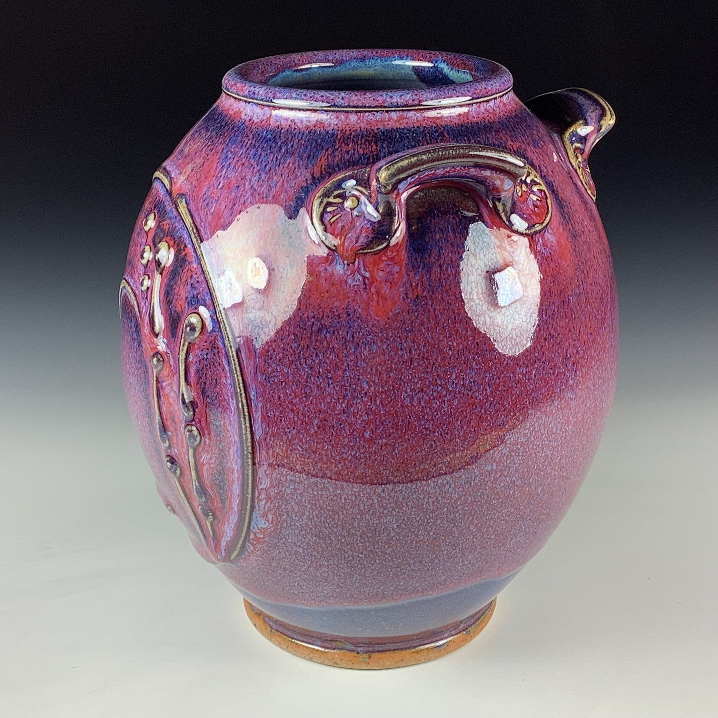 Handmade Stoneware Pottery Slip Trail Bamboo Purple Red Glaze Vase - Item 4091