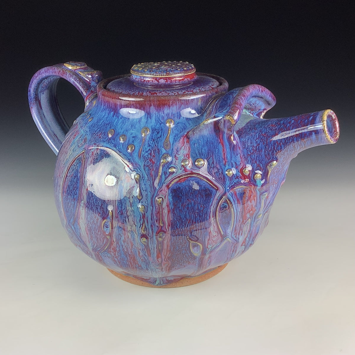 Handmade Ceramic Teapot: Purple Red Glaze, Slip Trailed Bamboo Stoneware