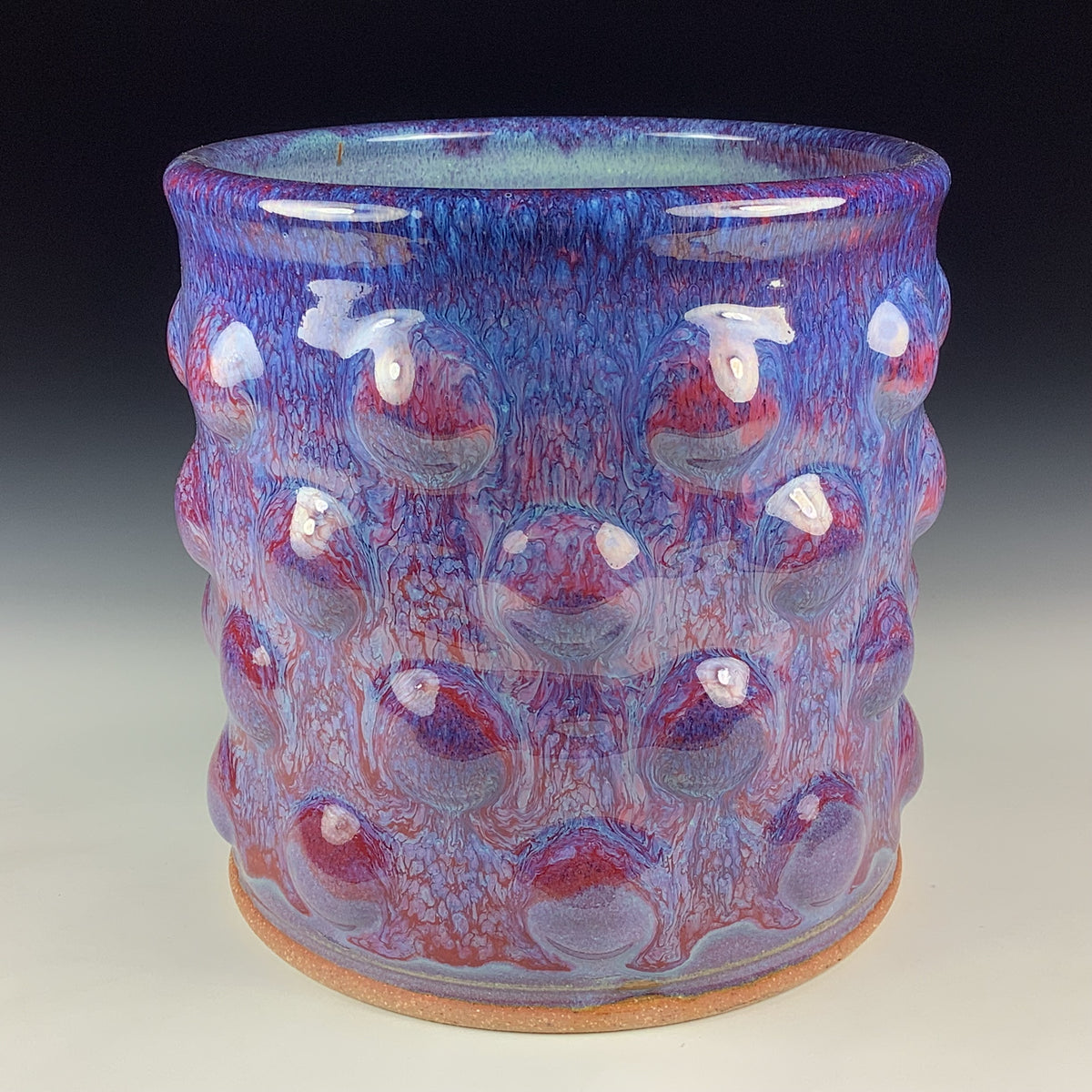Handmade Stoneware Utensil Holder: Purple Red Glaze Bump Pottery Vase