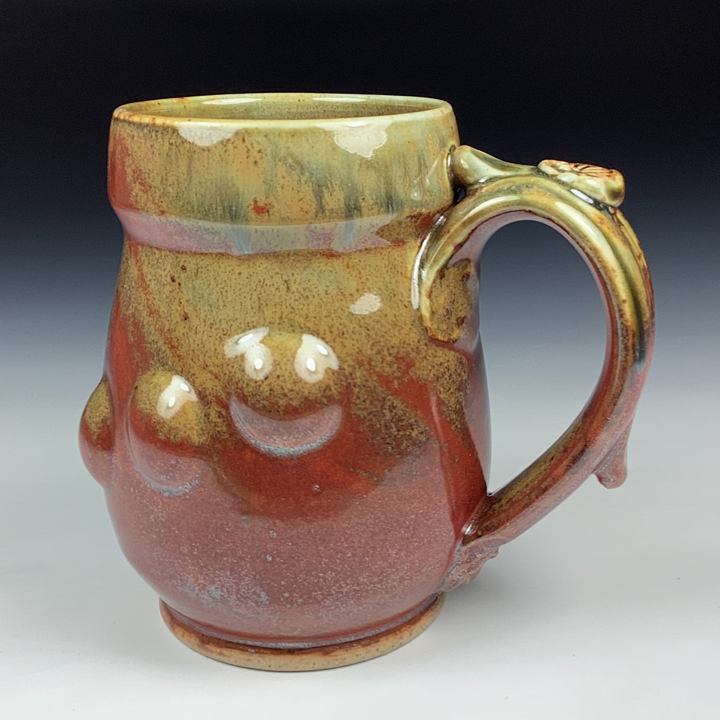 Handmade Stoneware Coffee Mug: Iron Red with White Ash Glaze, Bump Pottery Tea Mug - Mug 3987