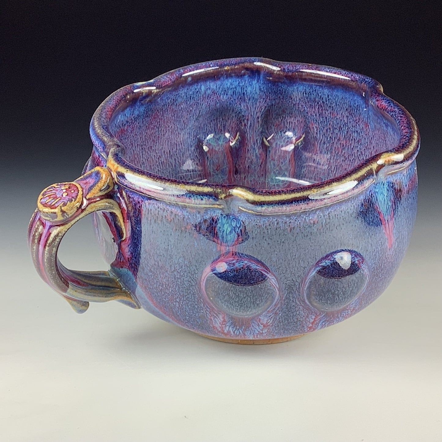 Handmade Ceramic Pottery Bowl with Handle, Red Purple Bump Glaze
