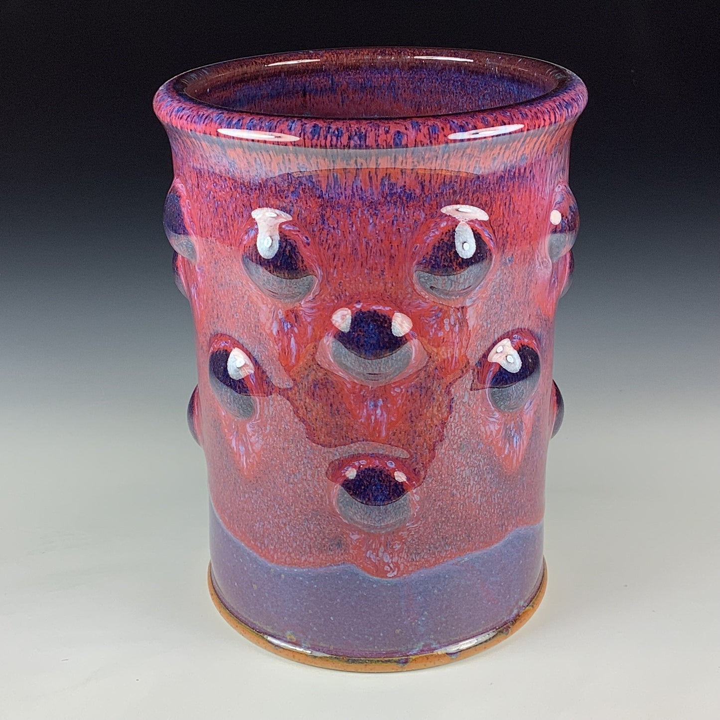 Handmade Stoneware Utensil Holder: Purple Red Glaze Bump Pottery Vase - Item 4099
